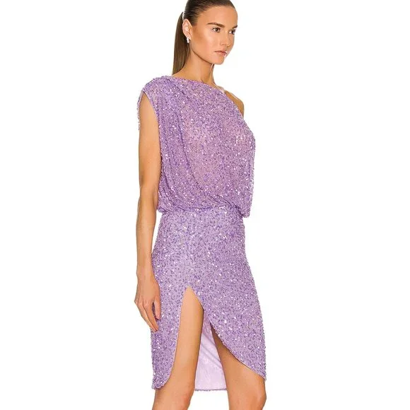 retrofete Jean Mini Dress Lavender Light Purple Crystal Sequin Off Shoulder XS - Picture 2 of 5